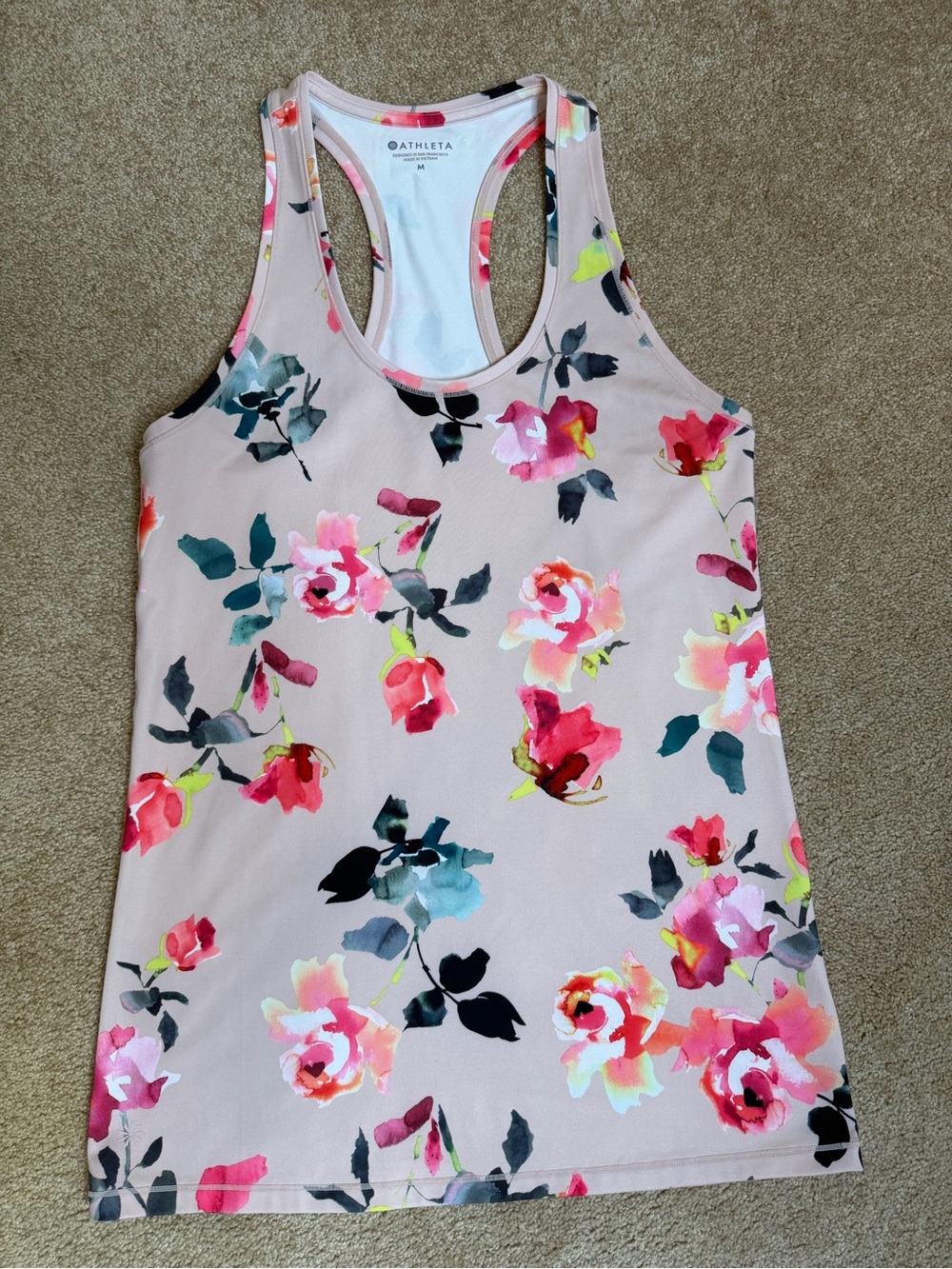 Athleta Blush Floral Racerback Tank with Pink, Coral, Teal and Black Accents